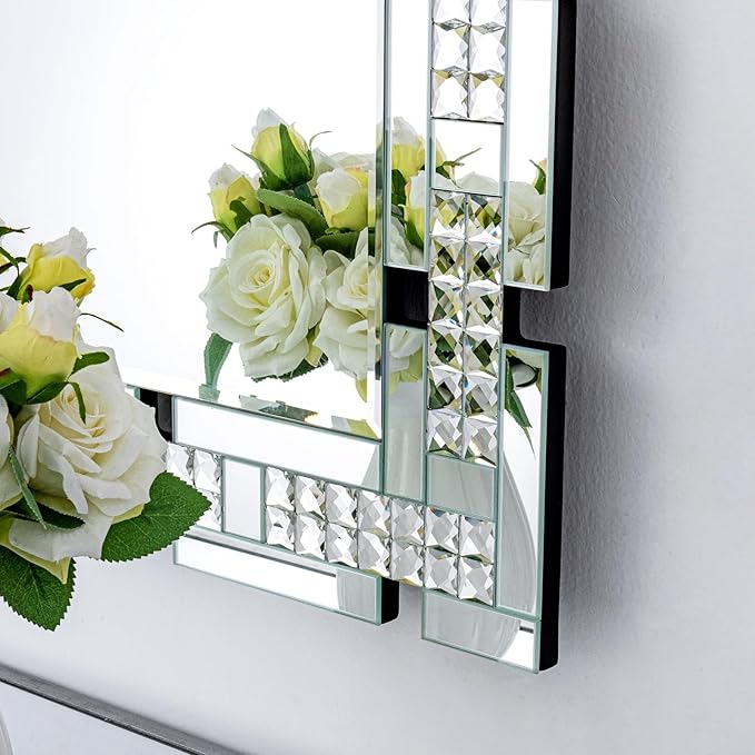 Chende 32" x 47" Large Wall Mirror for Decor, Living Room Decorative Mirror with Crystal, Beveled Edge and Glass Frame, Modern Rectangular Wall Decor Entrance, Fireplace, Home Office