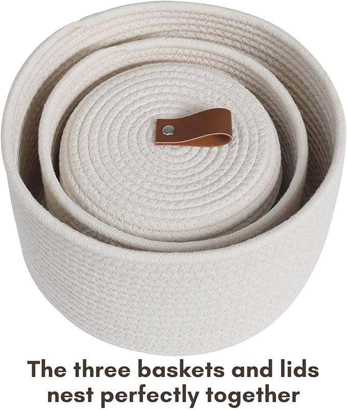 Cottonphant Set of 3 Stylish Round Woven Baskets with Lids - Elegant Storage Solution for Home Decor and Organization - Compact Shelf Baskets (Off White, 10"x6"-8"x5"-6"x4")