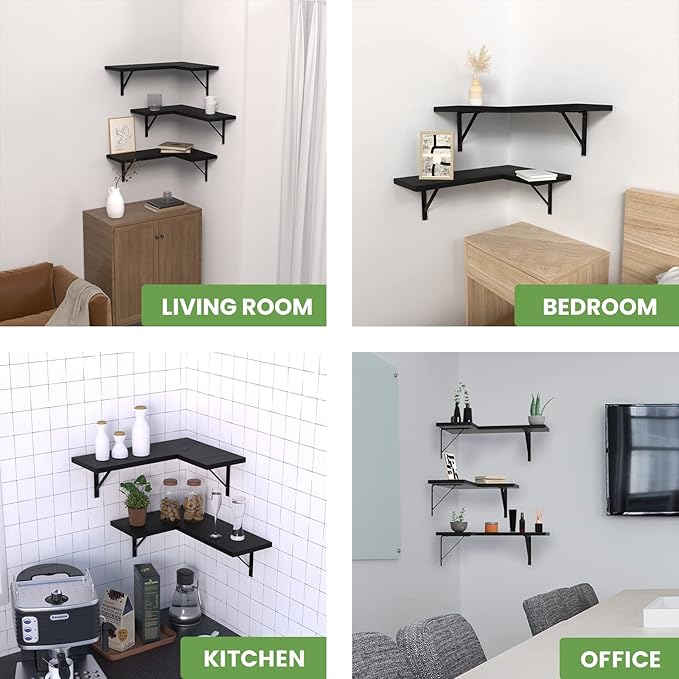 NATURE'S SOURCE Corner Floating Shelves Set of 3, Corner Shelves Wall Mounted, for Bedroom Kitchen Living Room Bathroom Office- Gothic Style (Black)