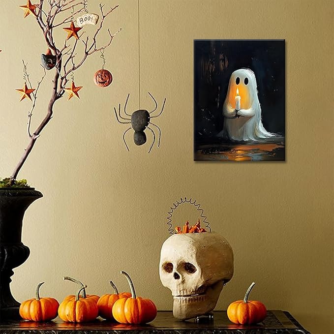 ILLBDR Cute Ghost Canvas Wall Art Halloween Decor Vintage Painting, Spooky Silhouette Ghost Holding Candle Haunted House Art, Bedroom Gothic Decor Ready to Hang, 12x16 Inch Framed