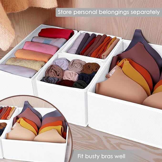 Criusia 6 Pack Clothes Drawer Organizer, Fabric Foldable Closet Dresser Drawer Organizer for Clothing, Bra Sock Underwear Drawer Organizer for Nursery Dorm Bedroom Organization (6 Bins, White)