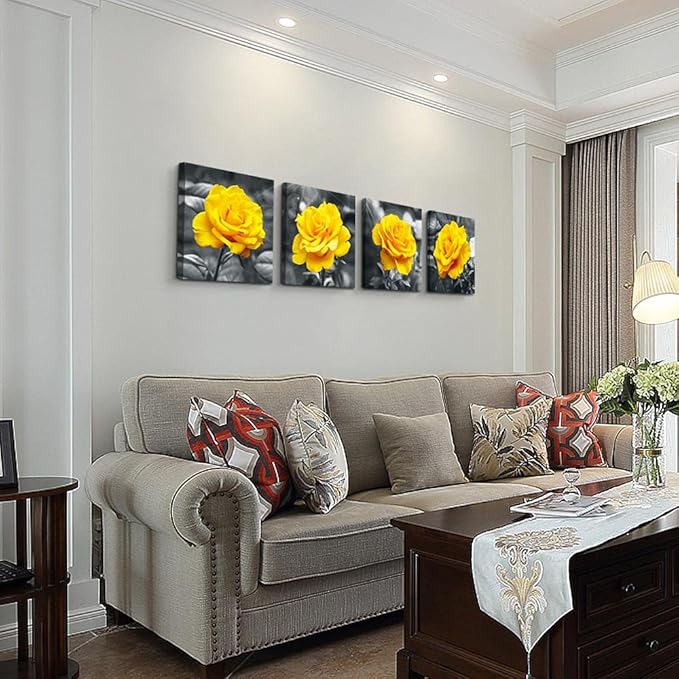 Canvas Wall Art For Living Room Family Wall Decor For Bedroom Modern Kitchen Wall Decorations Black And White Wall Pictures Artwork Yellow Rose Flowers Canvas Art Prints Large Size Home Decor 4 Piece