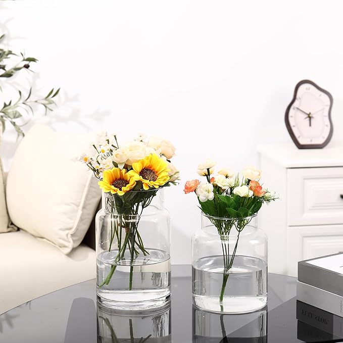 Large Glass Vase, Clear Glass Vase Set of 2, Large Flower Vases for Bouquet, Tall Wide Mouth Vases for Flowers, Home, Wedding, Living Room, Office Decor, 7"+9"