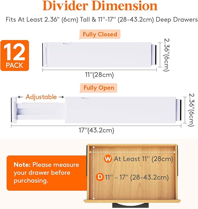 Lifewit 12 Pack Kitchen Drawer Dividers 2.36" High, 11"-17" Adjustable Drawer Organizer for Utensils/Clothes/Makeup, Plastic Expandable Separators in Dresser/Bedroom/Bathroom/Office Storage