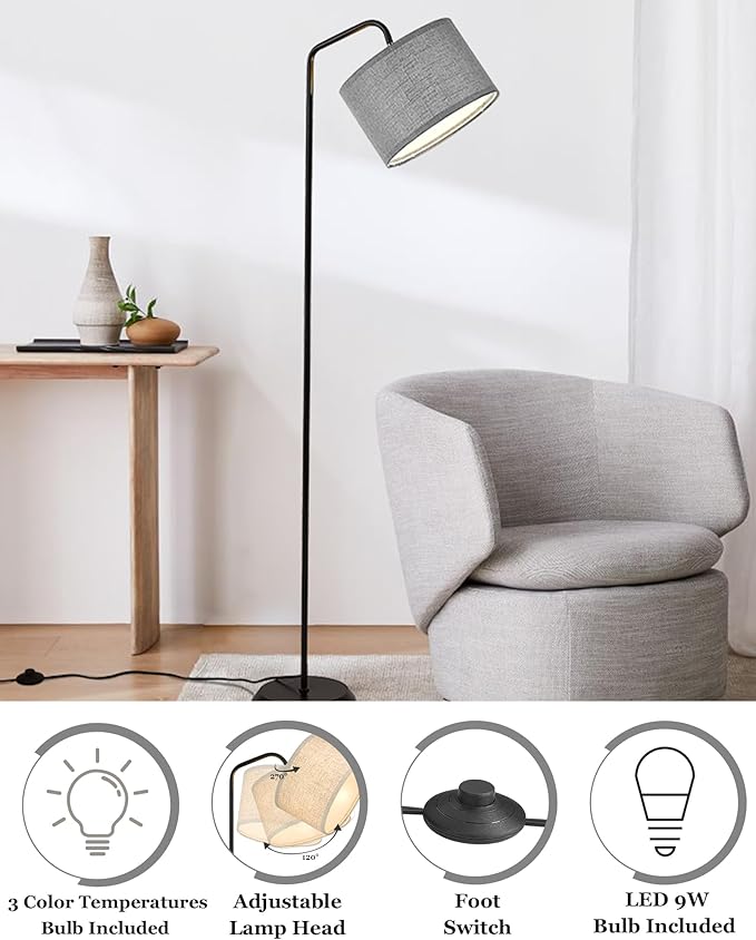ELYONA LED Floor Lamp for Bedroom 3 Color Temperatures Modern Reading Standing lamp with Adjustable Hanging Grey Linen lampshade Tall Pole Metal Lamp with 9W Bulb Living Room Office Gray