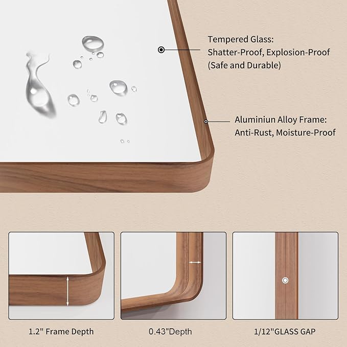 LOAAO 50X30 Inch Bathroom Mirror with Wood Grain Colored Metal Frame, Rounded Rectangle Metal Framed Bathroom Mirror, Anti-Rust, Hangs Horizontally or Vertically, Tempered Glass