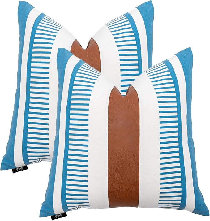 18x18 Throw Pillow Covers Set of 2 Farmhouse Rustic Pillow Case Decorative Boho Cushion Cover for Living Room Sofa Bed Couch Accent Faux Leather Pillow Case,Blue