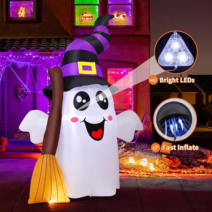 GOOSH 6.2 FT Halloween Inflatables Ghost Outdoor Decorations Blow Up Yard Cute Ghost Holding Broom with Built-in LEDs for Garden Lawn Indoor Party Decor