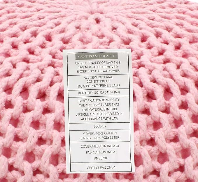 COTTON CRAFT Round Pouf - Hand Knitted Cotton Braid Cord Cable Dori Ottoman - Foot Stool - Floor Pouf Footrest Accent Seat Furniture Bean Bag - Living Room Kids Room Nursery Dorm Décor - 20x14 - Pink