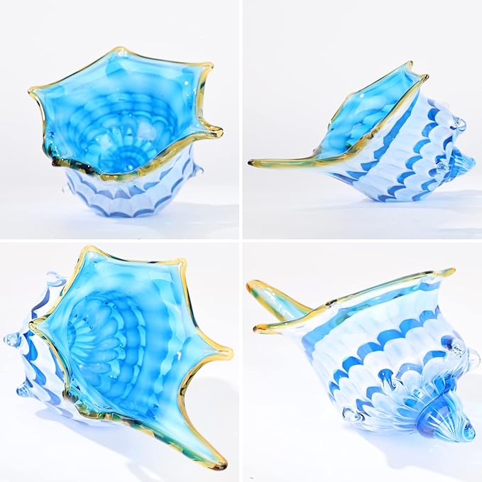 DOVDOV Hand Blown Glass Shell Decoration, Modern Art Glass Conch Statue, Blue and White Home Decorative Shells for Home Living Room, Coffee Table, TV Stand, entryway Entrance, Mantelpiece Decoration