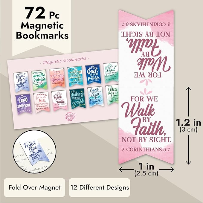 72 Pieces Christian Magnetic Bookmarks for Women, Small Religious Scripture Bible Verse Magnets, 12 Watercolor Designs (1 x 1 in Bible Bookmark)