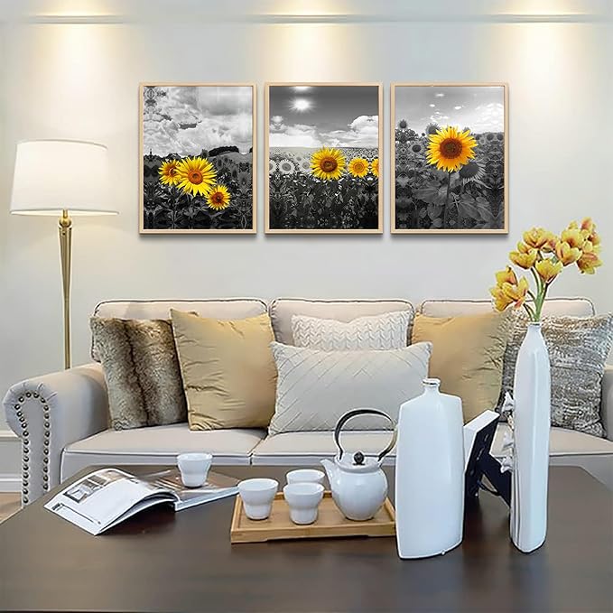 hyidecorart Natural Framed Wall Art For Living Room Large Wall Decor For Kitchen Sunflower Flowers Wall Paintings Black And White Wall Pictures Artwork Bedroom Room Decor Set of 3 Piece Prints Art