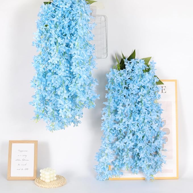 Artificial Lilac Flowers Garland 8Pcs-24Branches 33.5in Fake Syringa Wisteria Vines Faux Silk Lilac Hanging Floral Decoration for Indoor Outdoor Wedding Arch Birthday Party Garden Balcony (Blue)