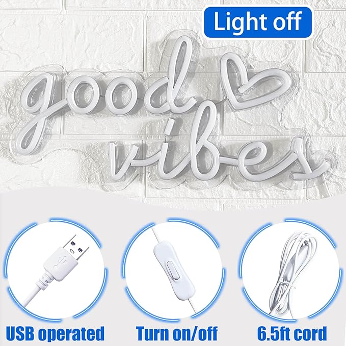 Blue Good Vibes Neon Signs for Wall Decor, Room Decor Aesthetic Good Vibes Neon Light Blue, USB Good Vibes LED Sign for Bedroom, Pink Heart & Good Vibes Light up Sign for Teen Boys Men Cave