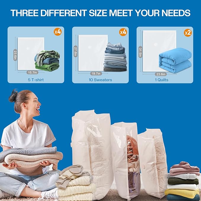 Vacuum Storage Bags for Travel, 10 Pack Vacuum Seal Bags for Clothing Travel, Compression Packing Kit with High Pressure Electric Pump, Space Saver for Clothes Luggage Traveling