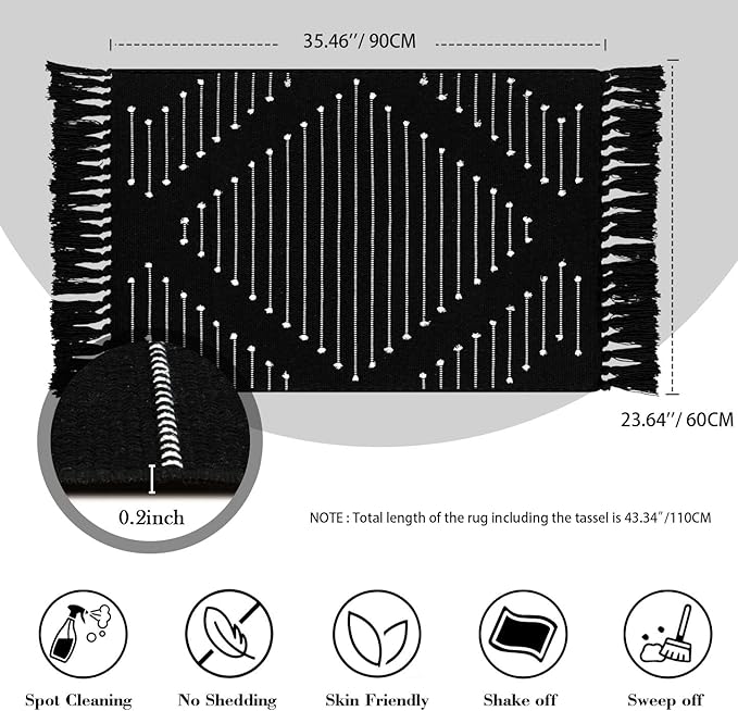 LIVEBOX Boho Black Bathroom Rug 2 x 3 Washable Throw Rugs, Small Cotton Woven Bath Mat, Moroccan Area Carpet with Tassel for Entryway Kitchen Sink Front Door