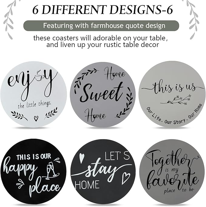 Queekay Housewarming Gifts for Home Decoration Wooden Heart Coasters for Drinks 6 Set Farmhouse Coasters with Holder Funny for Family Coffee Table Protection, 4''(Gray, Black)