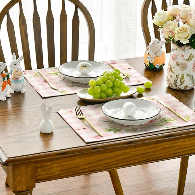 Artoid Mode Pink Buffalo Plaid Bunny Ears Flower Easter Placemats Set of 4, 12x18 Inch Seasonal Holiday Table Mats for Party Kitchen Dining Decoration