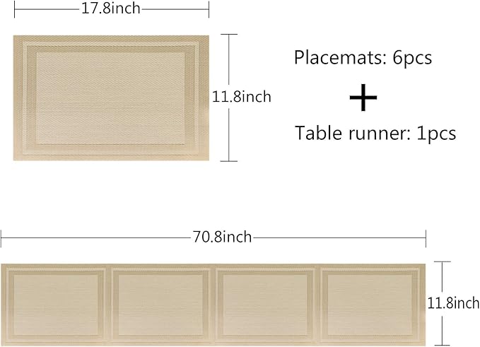Placemats with Table Runner Set Place Mats, Woven Crossweave Vinyl Kitchen Tablemat, Washable PVC Vinyl Table Mats for Dining Table, Parties, Farmhouse, Thanksgiving, Christmas & Gathering (Gold)