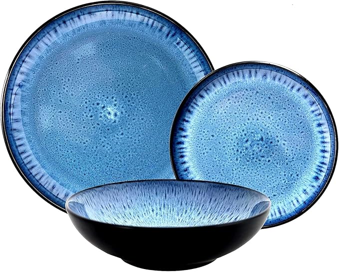 Tudor 6-Piece Dinnerware Set,Service for 2,Blue, Reactive Glaze Dish Set, Plates and Bowls Set,Premium Quality Tableware, Unique Pattern, Glossy