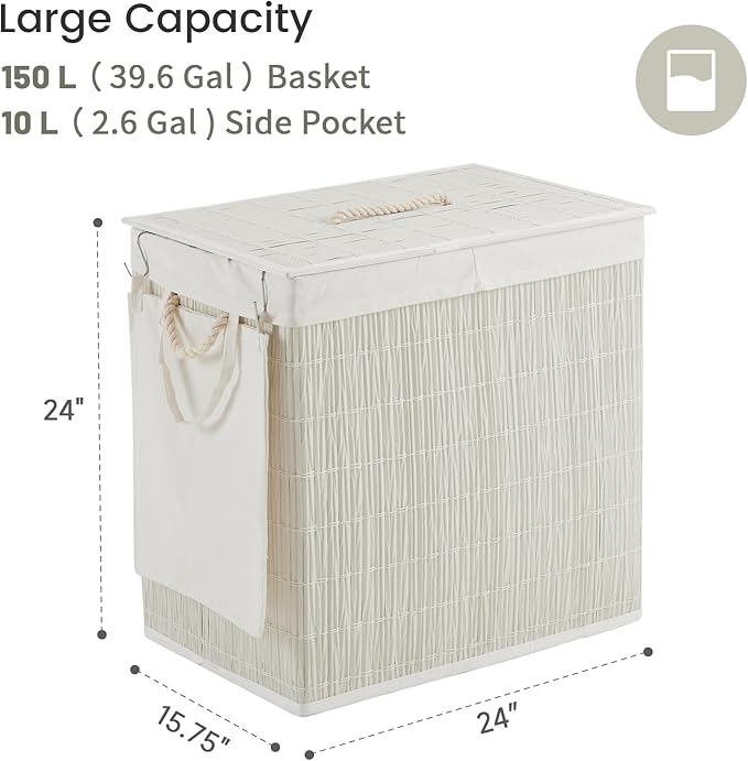 Laundry Hamper with Lid, 42.3 Gallon (160L), Handwoven Rattan Laundry Basket, 3-Section Clothes Hamper with Handles, 2 Removable Liner and Side Pocket, White