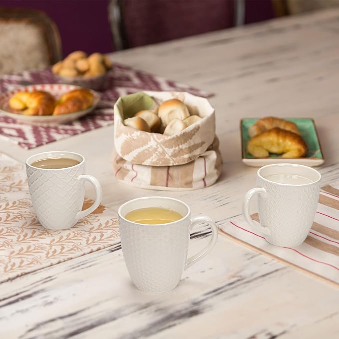 Hoikwo Off White Coffee Mugs Set of 6, Ceramic Cup Set, 17 oz Artistic Drinkware for Coffee, Tea, and Beverages, Family Pack of 6 Unique Patterns, Microwave Safe and Dishwasher Safe