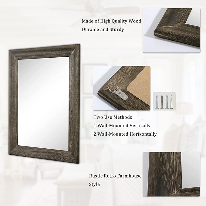 Retro Wall Mirror with Wood Framed Large Rectangle Hanging Mirrors 20"x16" Decorative for Bathroom Bedroom Living Room