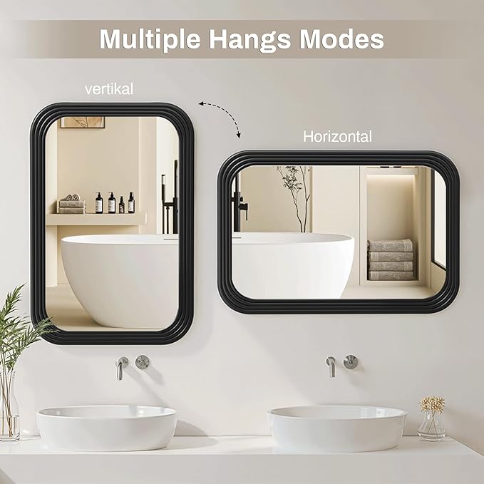 36x24 Inch Rectangle Wall Mirror with Wood Frame,Black Rounded Corners,Wall Mounted for Bathroom Vanity,Living Room,Bedroom,Entryway