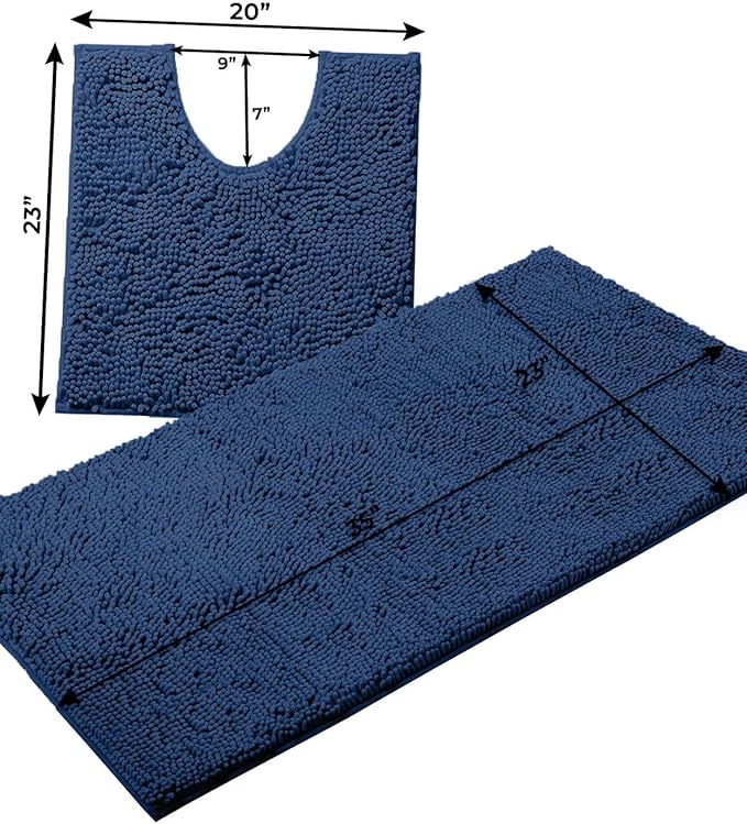 Bathroom Rugs Sets 2 Piece, Luxury Chenille Bath Mat Set, Soft Plush Anti-Slip Bath Rug + U-Shaped Toilet Mat. Microfiber Shaggy Carpet, Super Absorbent (24” x 36” & 20” x 24” U, Blue)
