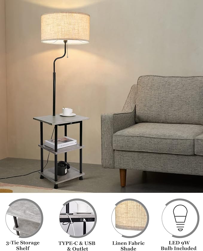 ELYONA Solid Wood End Table Floor Lamp, USB Type C Charging Port & Outlet, Side Table Shelf Reading Standing Light with Drum Shade for Bedroom, Farmhouse, Living Room, Office, LED Bulb Included, Grey
