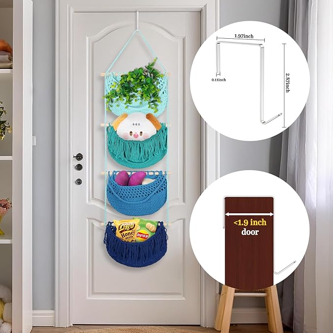 4 Tier Hanging Fruit Basket for Kitchen, 4 Pack Detachable Cotton Crocheted Wall Hanging Basket Over Door Organizer for Fruit Veggie Plant, Hanging Shelves for Bedroom Bathroom (Mixed Color)
