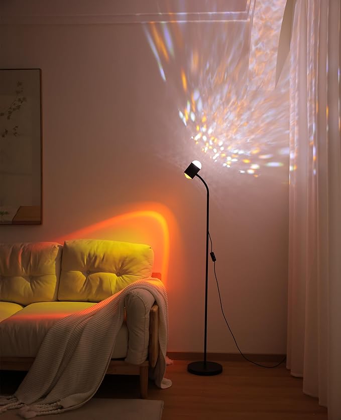 Sunset projection floor lamp with 3D waves, dual head sunset lamp with creative DIY mode, multiple colors and interchangeable background mode, 360 ° rotating atmosphere, sunset mood floor light