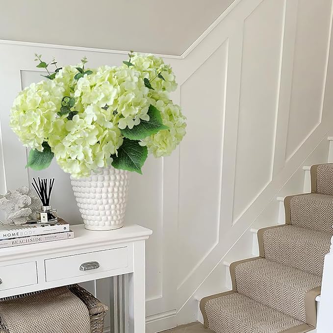 Green Hydrangea Artificial Flowers, 5Pcs 20Inch Large Lifelike Faux Silk Flowers, Full Artificial Hydrangeas for Bouquet Table Centerpieces Indoor Spring Outdoor Home