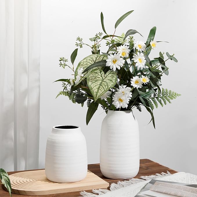 Briful 9.4'' Rustic Ivory Ceramic Vase, Vintage Farmhouse Decor, Whitewashed Terra Cotta Antique Pottery Pampas Vases for Home Living Room Kitchen Mantel Table Shelf Decorations