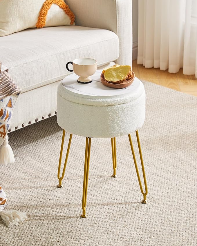 IBUYKE Teddy Velvet Storage Footrest Stool Ottoman, Makeup Vanity Stool Side Table with Removable Cover, Golden Steel Legs, Coffee Table Top Cover, White WBD010W