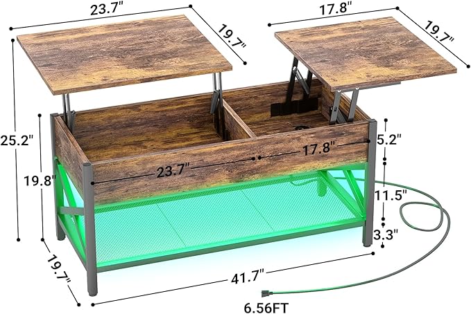 Aheaplus Coffee Table with LED Light and Power Outlet, Modern Lift-Top Center Table with Storage Shelf, for Living Room with Lift Tabletop, X Support Metal Frame, Rustic Brown
