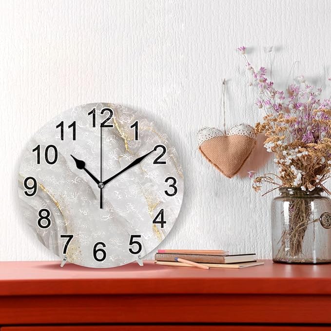 White Gold Marble Wall Clock Non Ticking Silent Kitchen Clock Large Battery Operated Clocks 10 inch for Living Room Bedroom Decor