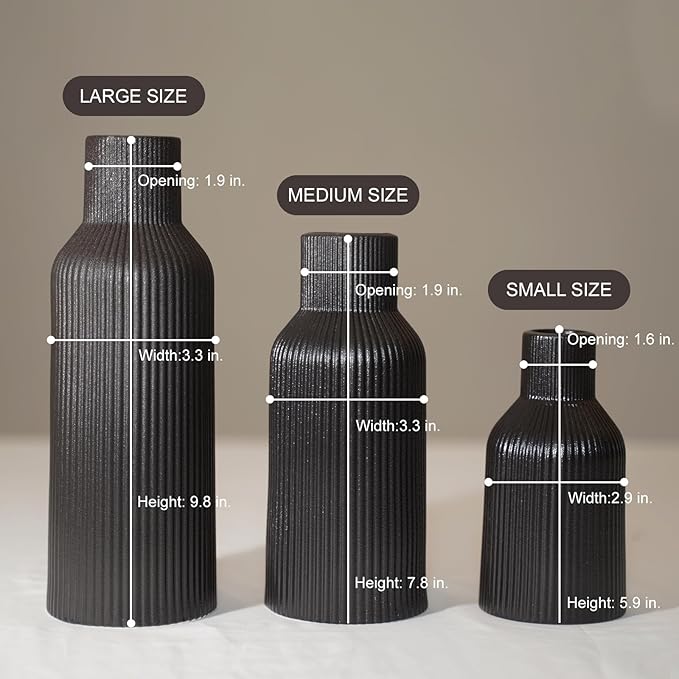 Black Ceramic Vases Set of 3,Farmhouse Decor, Home Decor, Pampas Grass Vases for Kitchen, Bedroom, Office, Living Room, Bathroom, Wedding, Entryway, Table Centerpieces, Gifts Women Mom