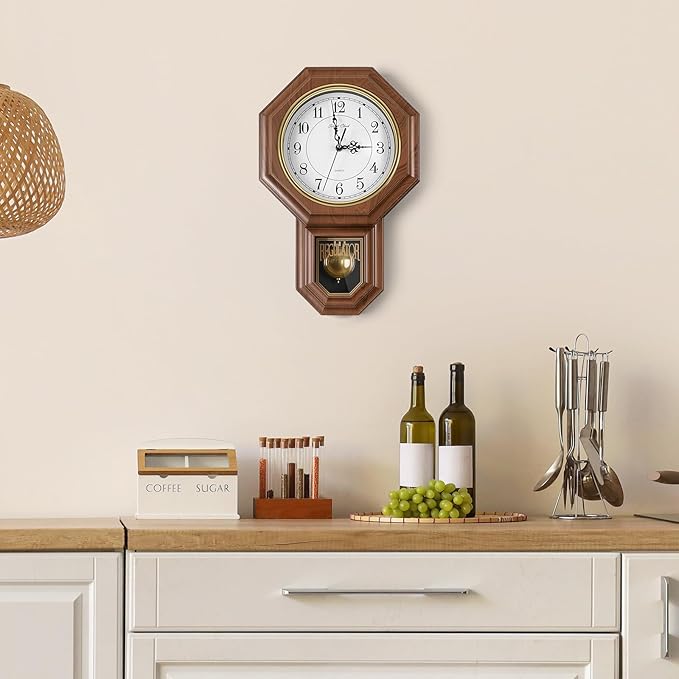 Pendulum Wall Clock Battery Operated, Imitation Wood Plastic Regulator Clock with Pendulum,Vintage Decorative Wall Clocks for Living Room,Farmhouse,Office,Bedroom,Kitchen,Wall Decor
