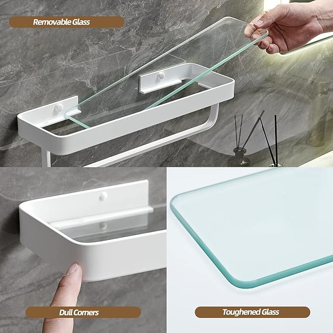 VOLPONE Bathroom Shelves Wall Mounted 2 Tier Glass Floating Shelf - Tempered Glass Wall Organizer (White)