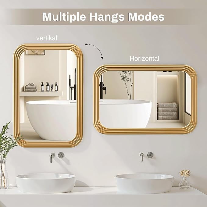 40x28 Inch Rectangle Wall Mirror with Wood Frame,Glod Rounded Corners,Wall Mounted for Bathroom Vanity,Living Room,Bedroom,Entryway