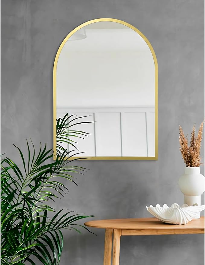 Arched Wall Mirror Aluminum Alloy Frame Bathroom Mirrors Brushed Metal Vanity Wall Mounted Mirror for LivingRoom Bedroom Entryway Room Home Decor 26"x18"