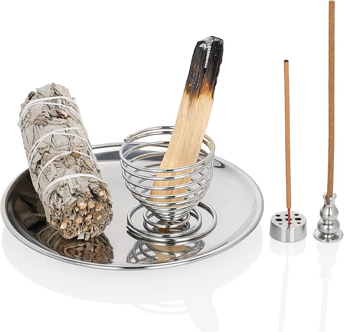 ZenBless 5 in 1 Incense Burner Holder, Palo Santo Holder, Sage Holder,Incense Sticks/Coil/Cones, 5.5 inches Brass Ash Catcher for Meditation Yoga Room(Silver)