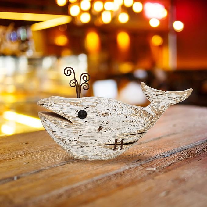 E-view Wood Whale Statue Wooden Nautical Decor for Home - Antique Fish Figures Decoration Animal Statues Beach Themed Wall Art (Whale Figurine)