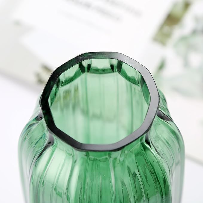 Green Glass Vase for Flowers Bud Tall Glass Vases,H-12.0" Simple Striped Design for Home Floor Decor,Farmhouse Decor, Centerpiece Coffee Table Decorations (Green 12.0IN)