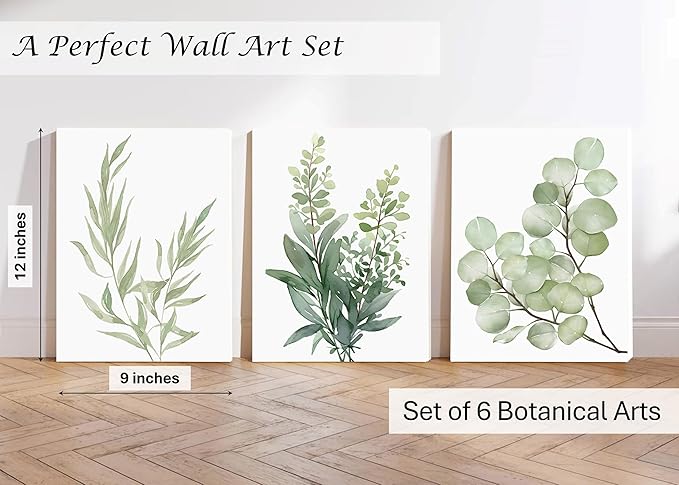 Induslyfe Framed Eucalyptus Sage Green Botanical Plant Wall Art Canvas Decor Set of 6, Nature Wall Art Prints Posters Art, Eucalyptus decor Flower wall art for bathroom bedroom living room 9x12
