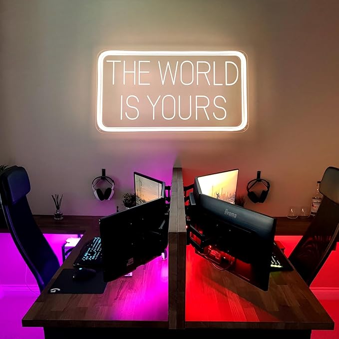 The World is Yours Neon Signs for Wall Decor 3D Carving Design Neon Sign for Bedroom. Warm White LED Neon Signs for Room, Bar, Office, Birthday Party Wedding