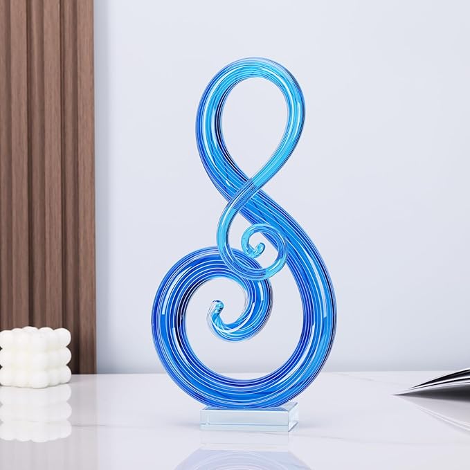 13" H Large Murano Glass Sculpture Blue Hand Blown Glass Figurines Art Music Decor, Modern Blue Glass Decor Crystals Sculpture Statue - for Luxury Home Living Room Office Console Table Decor