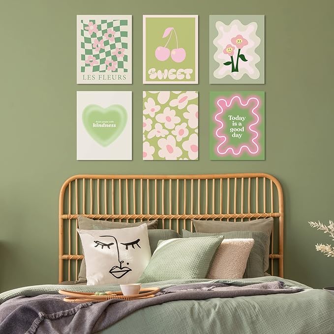 Habseligkeit Green Danish Pastel Wall Decor for Girls Dorm, Aesthetic Cute Room Decor, Preppy Wall Art Prints for Room Decor Aesthetic Unframed, 11x14in, Set of 6