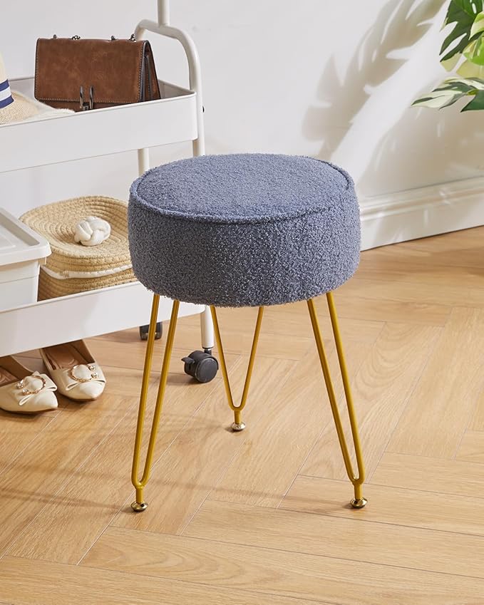 IBUYKE Teddy Velvet Round Footrest Stool Ottoman, Makeup Vanity Stool Side Table, Velvet Dressing Table Seat, Pouf Couch Stool, for Living Room Bedroom, Gray Blue WBD009BU